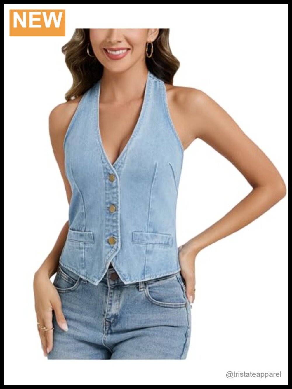 Women's Denim Halter Vest Top, V Neck Back Tie Jean Corset Vest